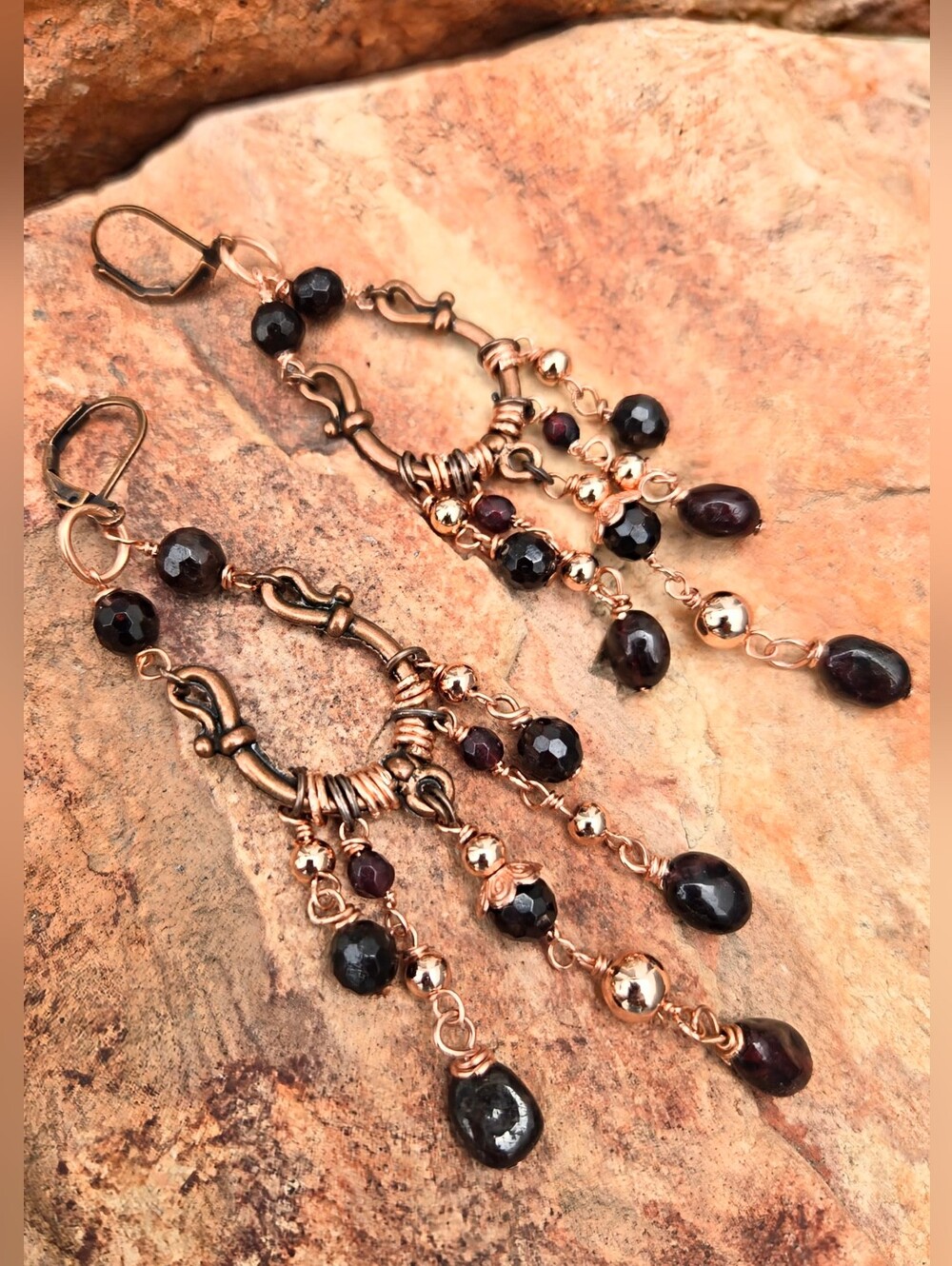 Natural Garnet In Handcrafted Artisan Antique Copper Long Chandelier Earrings